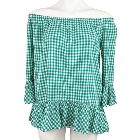 beach lunch lounge green white Sheetal gingham off shoulder blouse small MSRP 68 - Picture 10 of 10